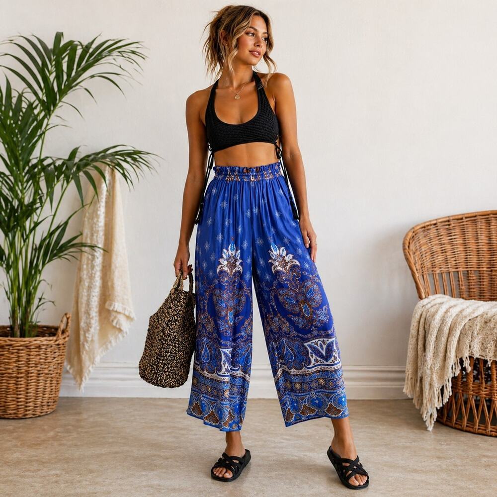 Boho Blue Purple Paisley Wide Leg Palazzo Pants Festival Lounge Pants